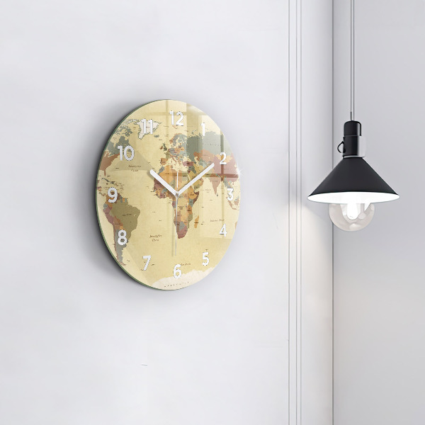 Kulaté skleněné hodiny s fotkou Mapa světa ve vintage stylu