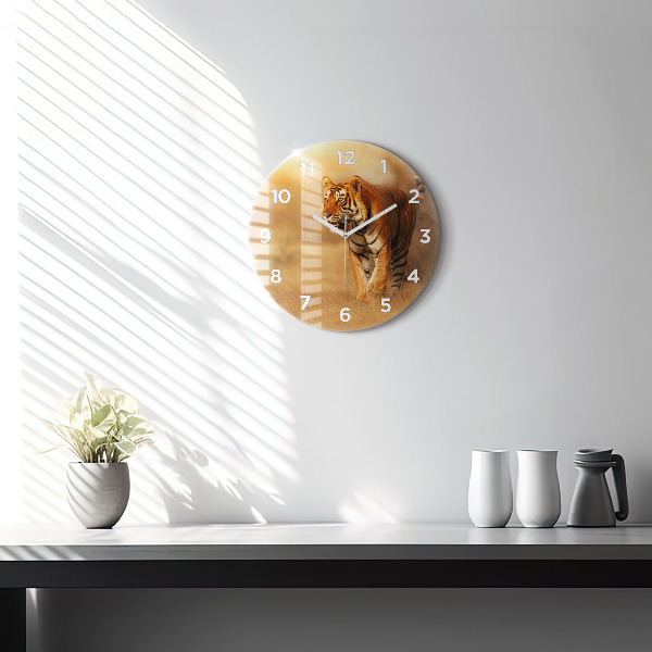 Kulaté skleněné hodiny s fotkou Lov tygra
