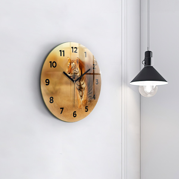 Kulaté skleněné hodiny s fotkou Lov tygra