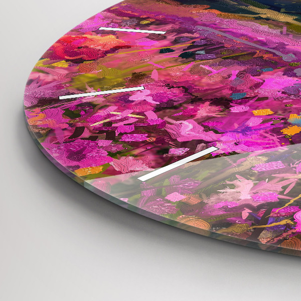 Kulaté skleněné hodiny s fotkou Louka při západu slunce