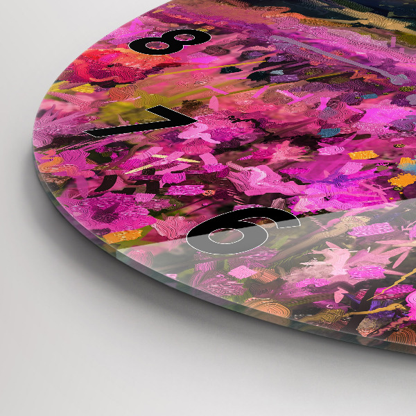 Kulaté skleněné hodiny s fotkou Louka při západu slunce