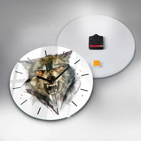 Kulaté skleněné hodiny s fotkou Kreslený portrét vlka