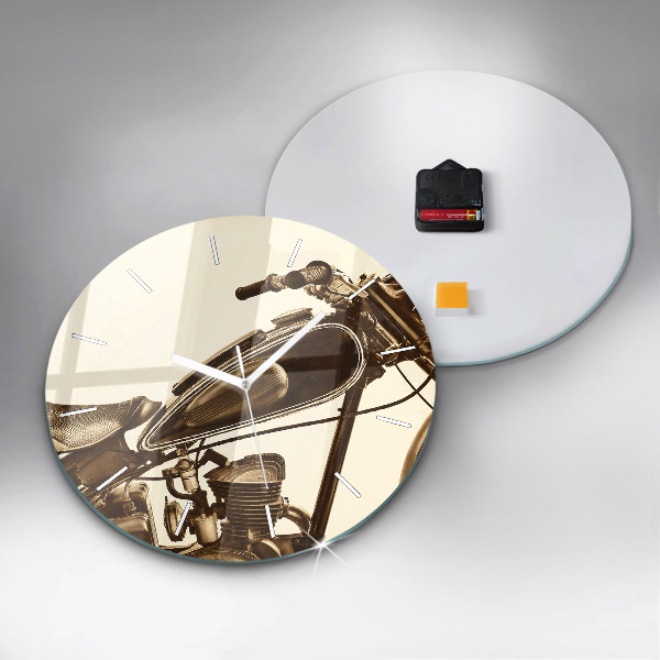 Kulaté skleněné hodiny s fotkou Sépiový motocykl Vintage