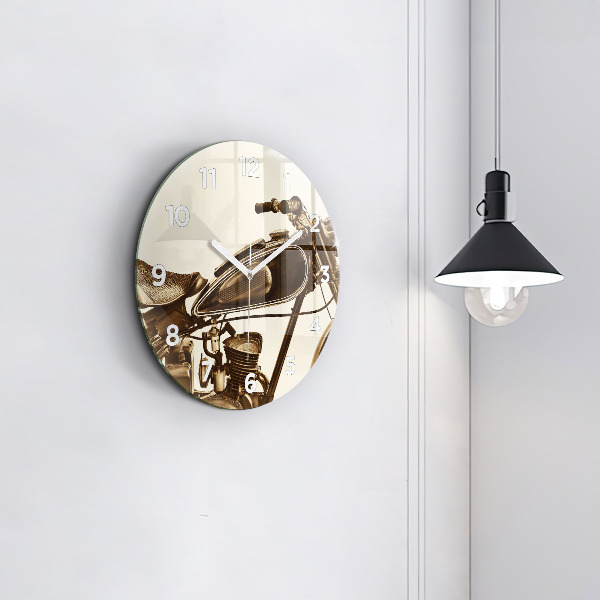 Kulaté skleněné hodiny s fotkou Sépiový motocykl Vintage