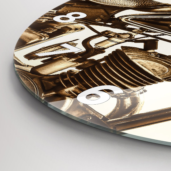 Kulaté skleněné hodiny s fotkou Sépiový motocykl Vintage