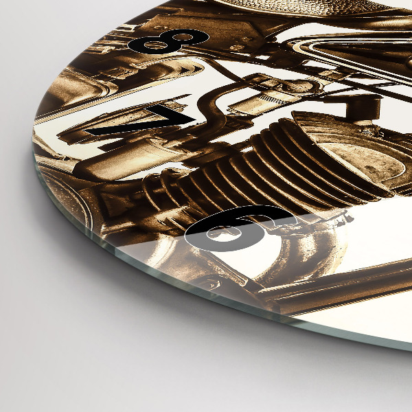 Kulaté skleněné hodiny s fotkou Sépiový motocykl Vintage