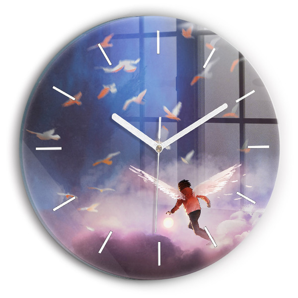 Kulaté skleněné hodiny s fotkou Chlapec s křídly