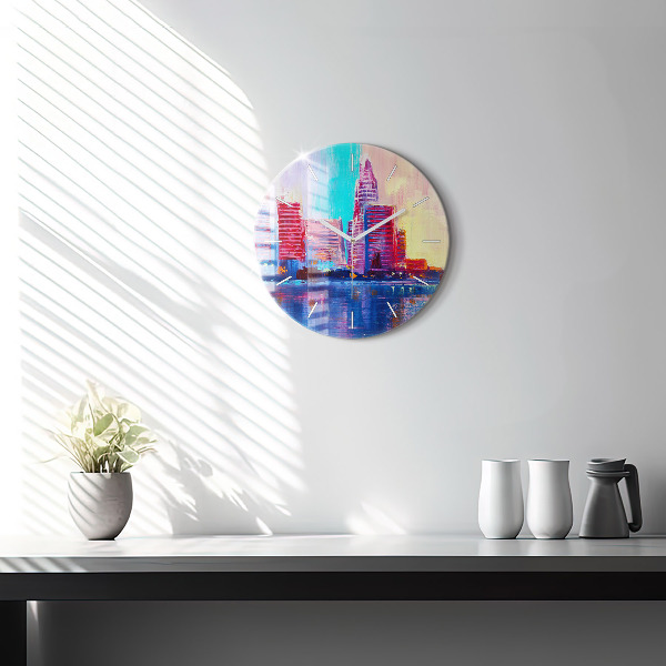 Kulaté skleněné hodiny s fotkou Abstraktní mrakodrapy