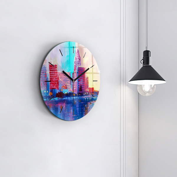 Kulaté skleněné hodiny s fotkou Abstraktní mrakodrapy