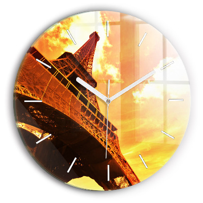 Kulaté skleněné hodiny s fotkou Eiffelova věž v Paříži
