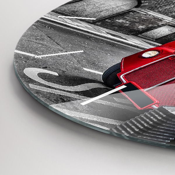 Kulaté skleněné hodiny s fotkou Červený dvoupatrový autobus