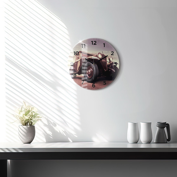 Kulaté skleněné hodiny s fotkou Historické auto