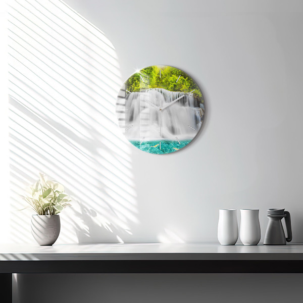 Kulaté skleněné hodiny s fotkou Vodopád v Thajsku