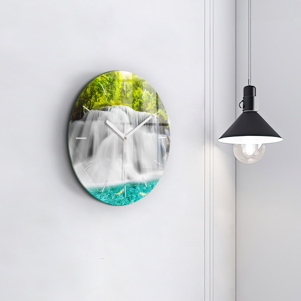 Kulaté skleněné hodiny s fotkou Vodopád v Thajsku