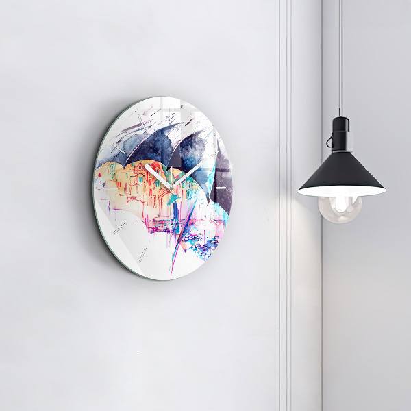 Kulaté skleněné hodiny s fotkou Deštník a město