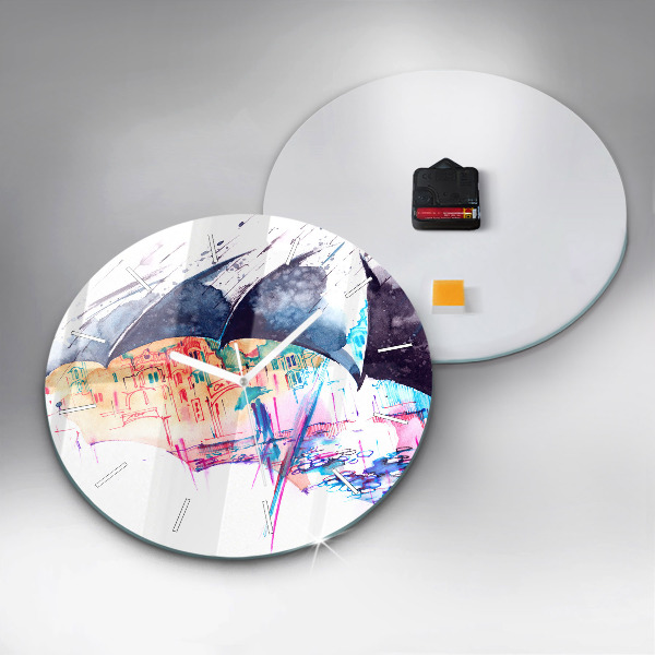 Kulaté skleněné hodiny s fotkou Deštník a město