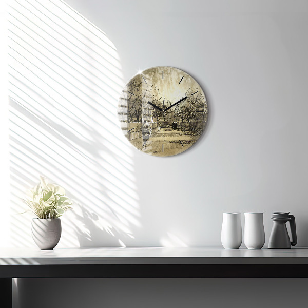 Kulaté skleněné hodiny s fotkou Park a stromy v sépiové barvě