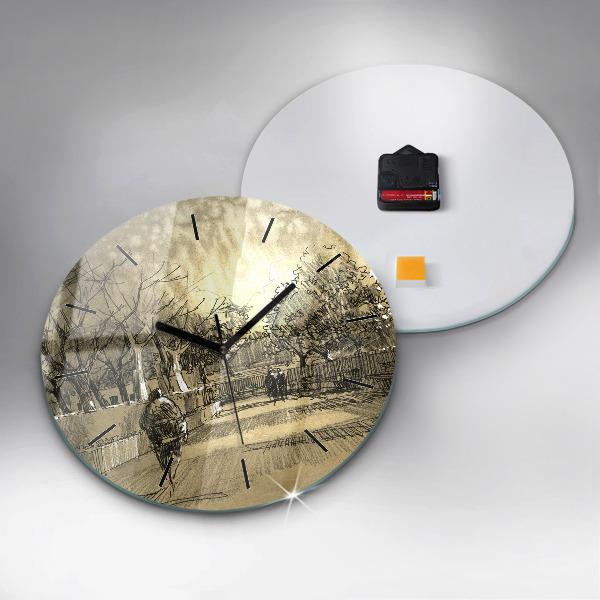 Kulaté skleněné hodiny s fotkou Park a stromy v sépiové barvě
