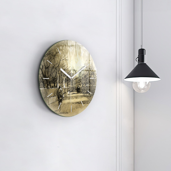 Kulaté skleněné hodiny s fotkou Park a stromy v sépiové barvě