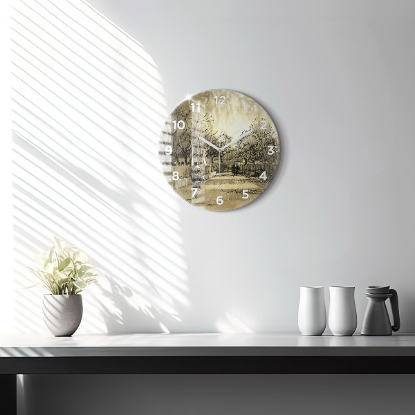 Kulaté skleněné hodiny s fotkou Park a stromy v sépiové barvě