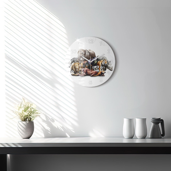 Kulaté skleněné hodiny s fotkou Divoká zvířata