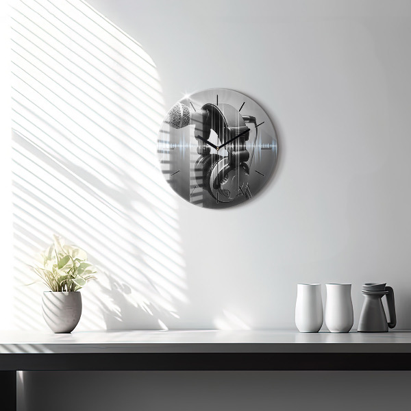 Kulaté skleněné hodiny s fotkou Mikrofon a sluchátka