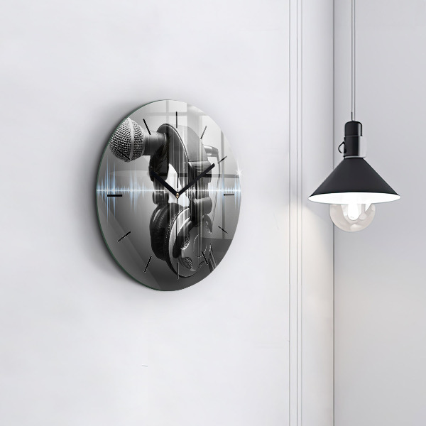 Kulaté skleněné hodiny s fotkou Mikrofon a sluchátka