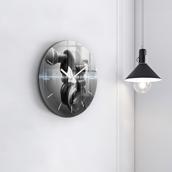 Kulaté skleněné hodiny s fotkou Mikrofon a sluchátka