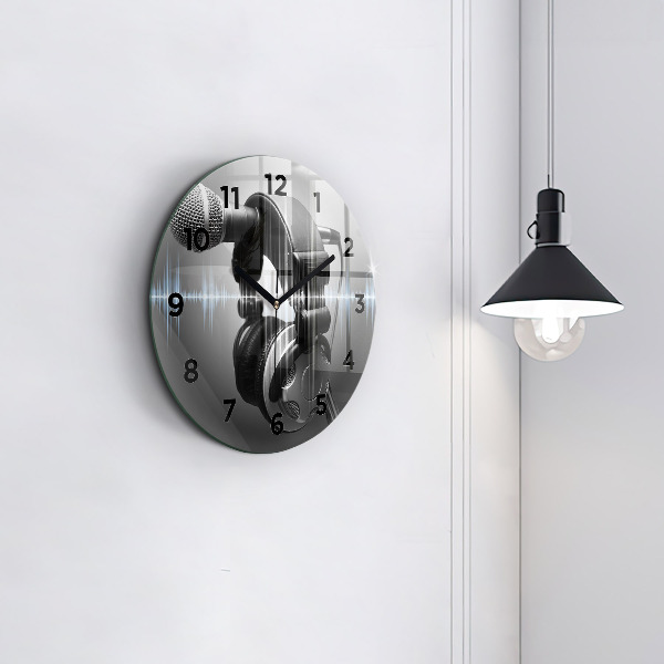 Kulaté skleněné hodiny s fotkou Mikrofon a sluchátka
