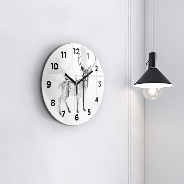 Kulaté skleněné hodiny s fotkou Silueta jelena Les