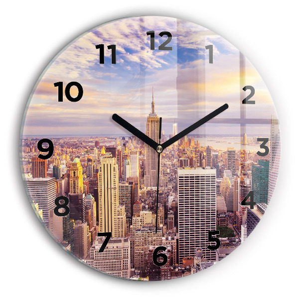 Kulaté skleněné hodiny s fotkou Západ slunce New York