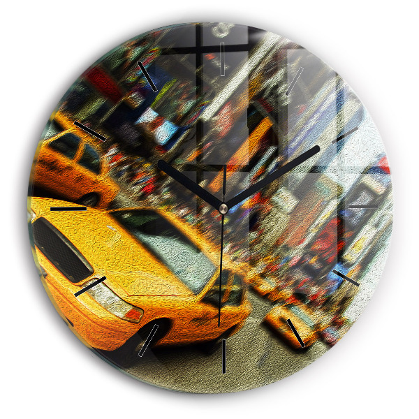 Kulaté skleněné hodiny s fotkou Newyorské taxíky