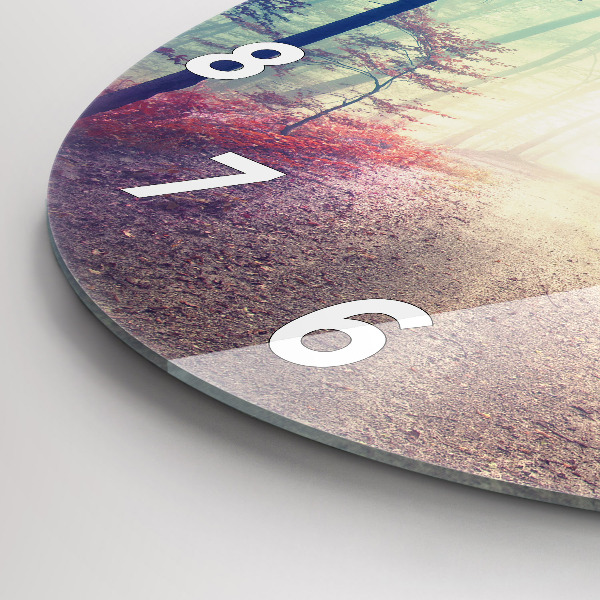 Kulaté skleněné hodiny s fotkou Podzimní cesta Lesní mlha