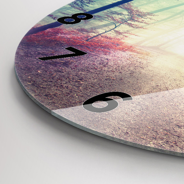 Kulaté skleněné hodiny s fotkou Podzimní cesta Lesní mlha