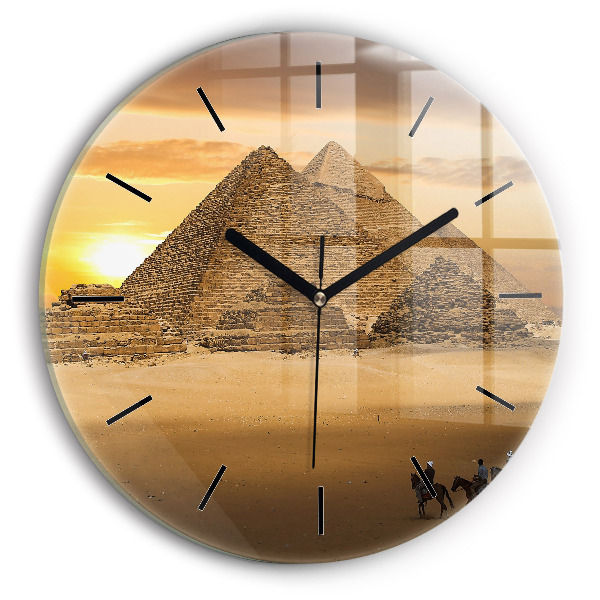 Kulaté skleněné hodiny s fotkou Pyramidy a západ slunce