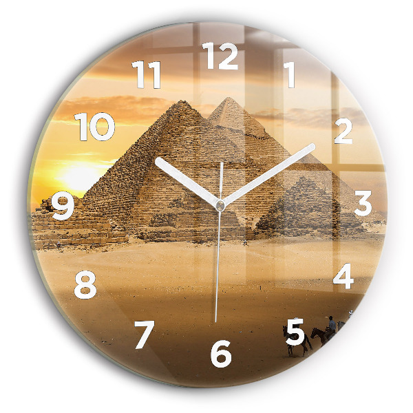 Kulaté skleněné hodiny s fotkou Pyramidy a západ slunce