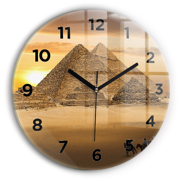 Kulaté skleněné hodiny s fotkou Pyramidy a západ slunce