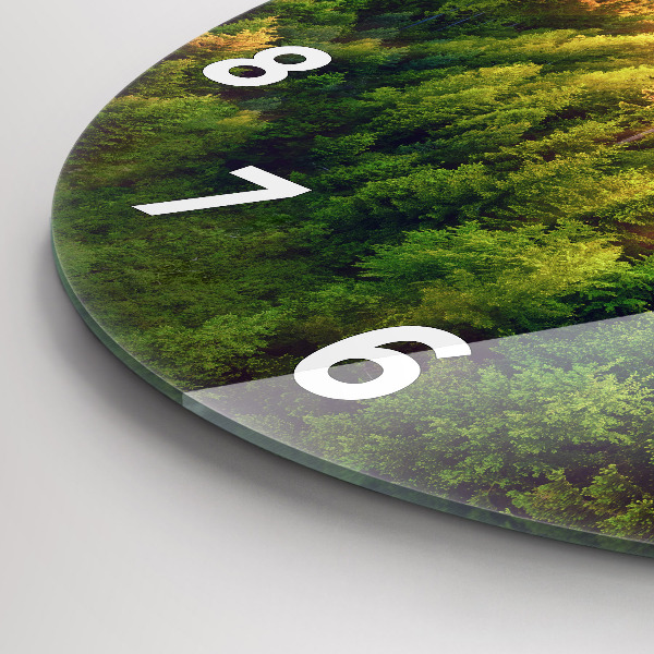 Kulaté skleněné hodiny s fotkou Západ slunce nad kopci