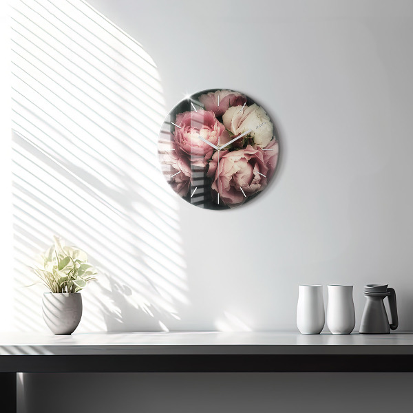 Kulaté skleněné hodiny s fotkou Kytice růžových růží