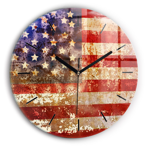 Kulaté skleněné hodiny s fotkou Vlajka USA ve vintage stylu