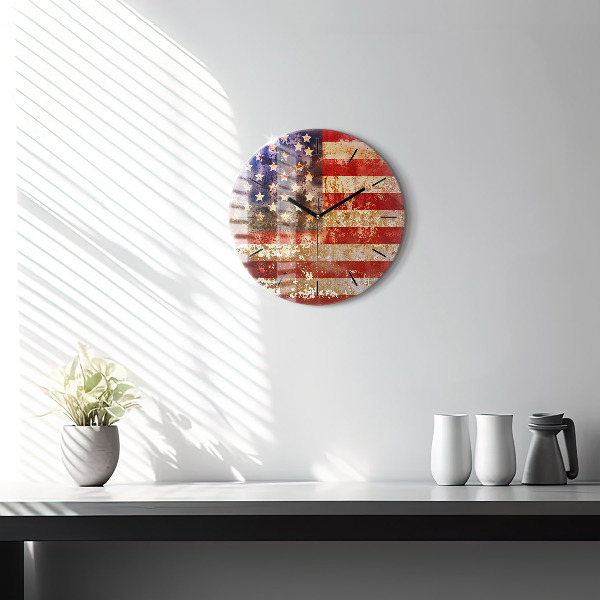 Kulaté skleněné hodiny s fotkou Vlajka USA ve vintage stylu
