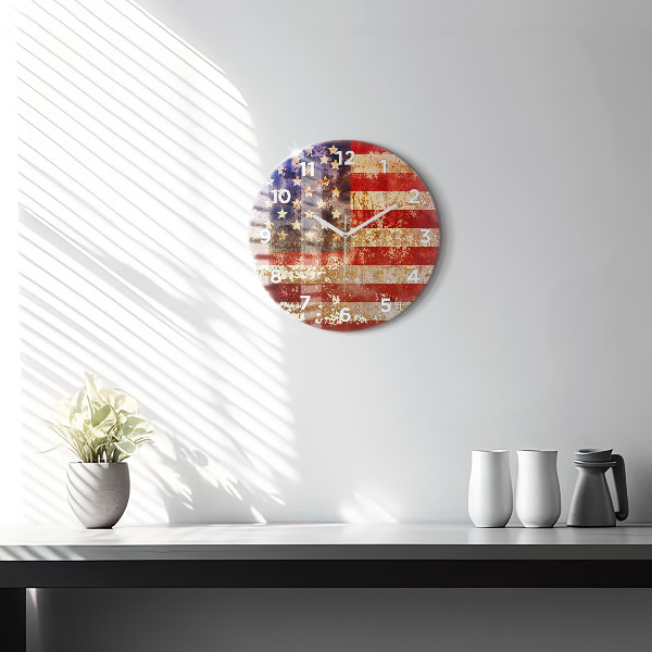 Kulaté skleněné hodiny s fotkou Vlajka USA ve vintage stylu