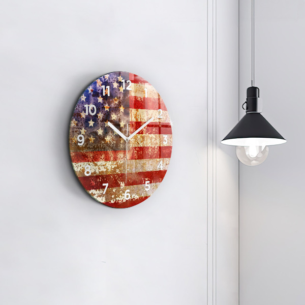 Kulaté skleněné hodiny s fotkou Vlajka USA ve vintage stylu
