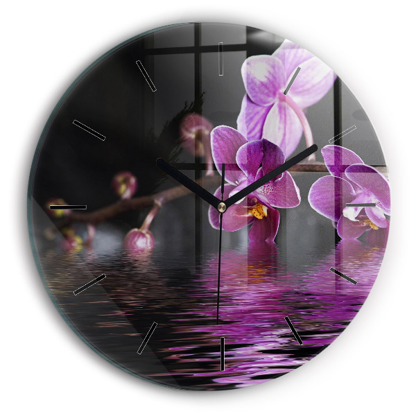 Kulaté skleněné hodiny s fotkou Květ orchideje na vodě