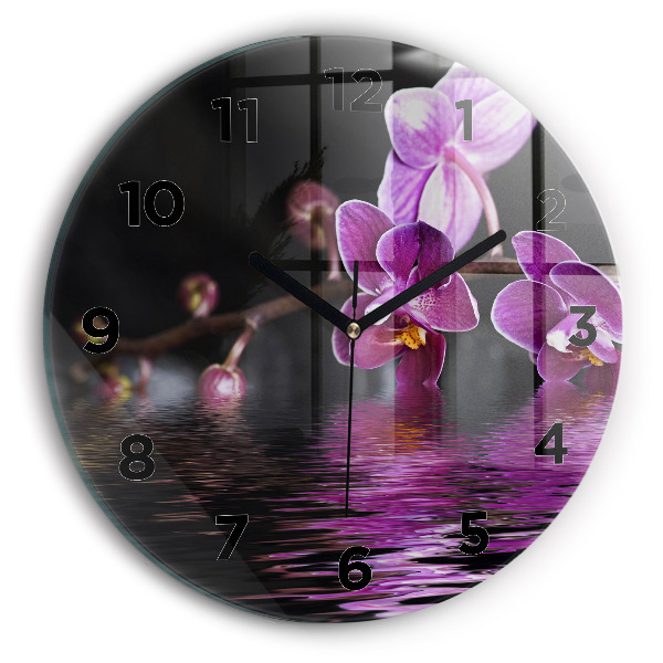 Kulaté skleněné hodiny s fotkou Květ orchideje na vodě