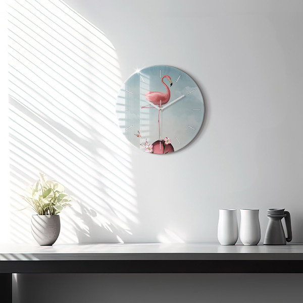 Kulaté skleněné hodiny s fotkou Surrealistický plameňák