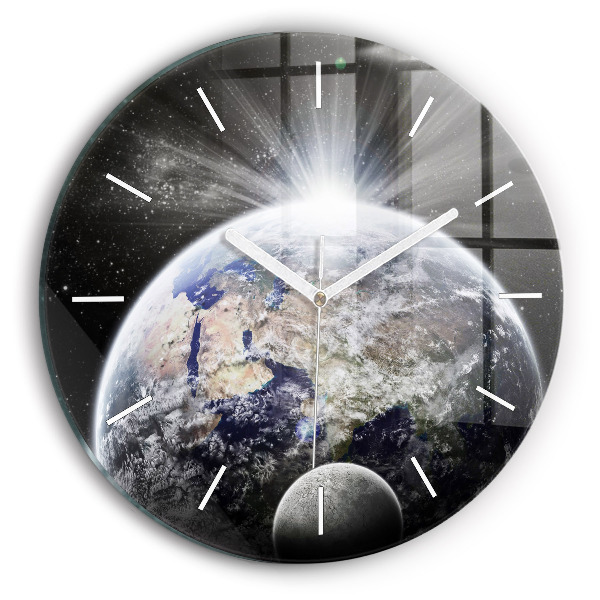 Kulaté skleněné hodiny s fotkou Země Měsíc Slunce