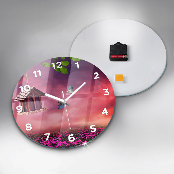 Kulaté skleněné hodiny s fotkou Ptačí budka