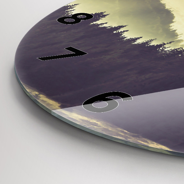 Kulaté skleněné hodiny s fotkou Mlžné horské svahy