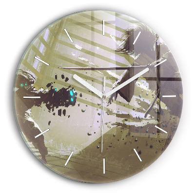 Kulaté skleněné hodiny s fotkou Boj mezi robotem a samurajem